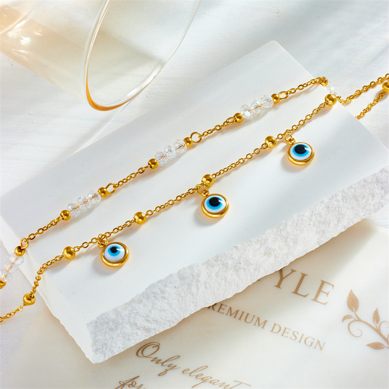 European and American style minimalist beach style turquoise eye pendant beaded chain titanium steel multi-layered anklet