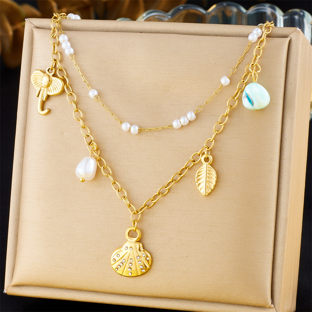 Ocean Series Stainless Steel Double-Layer Stacked Necklace with Xiaomi Pearl Star Seashell Pendant - Fashionable and Versatile Clavicle Chain