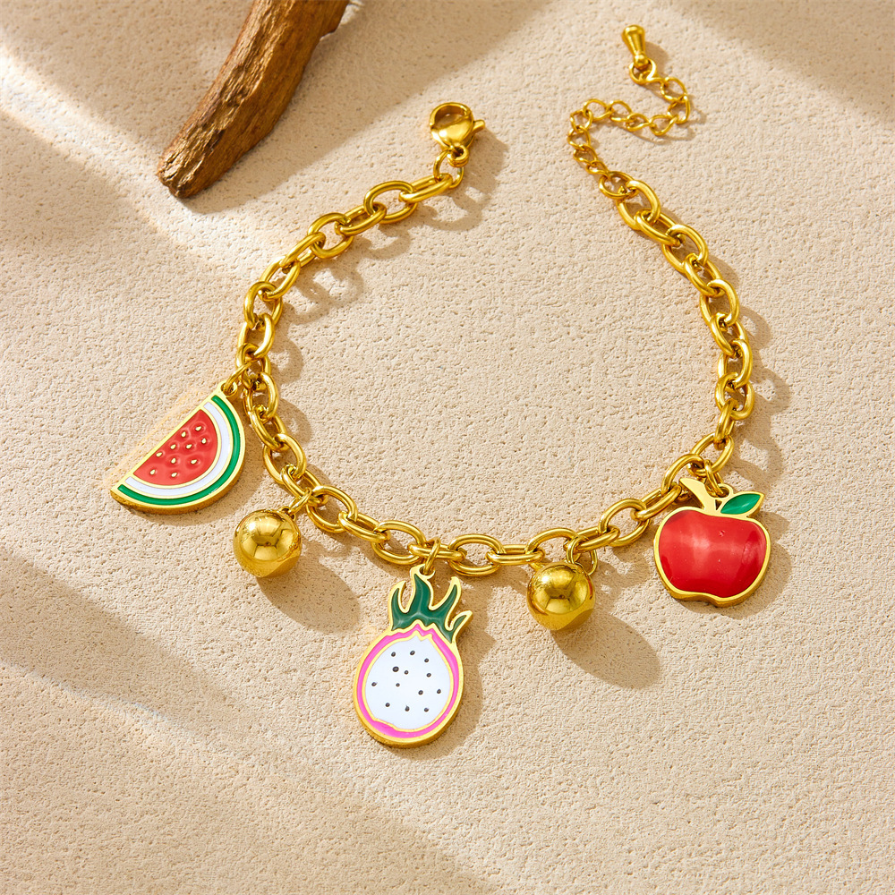 Cross-border cute cartoon fruit dripping accessories dragon fruit watermelon apple pendant chain stainless steel bracelet crystal