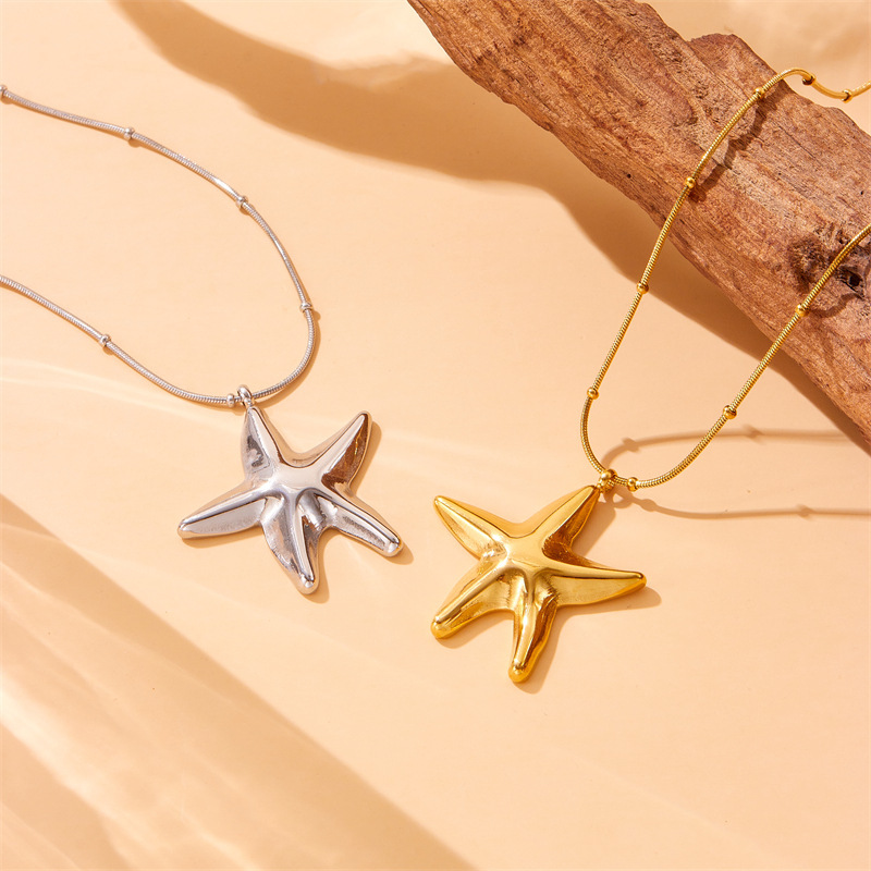 Fashionable, cross-border, elegant, retro, high-end metal stainless steel bow starfish chain double-layer jewelry necklace