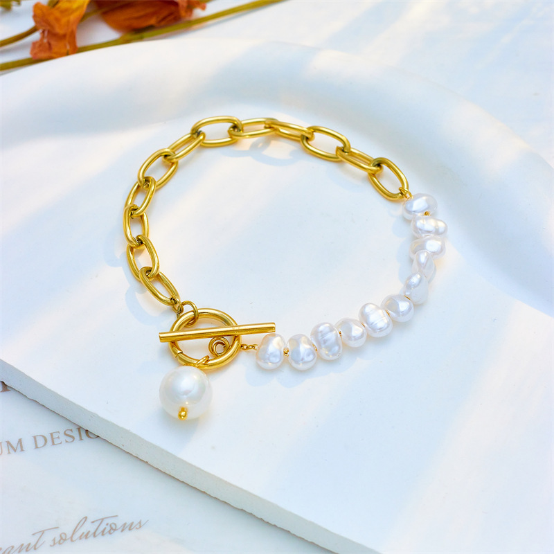 European and American cross-border punk fashion retro asymmetrical chain pearl beaded pendant OT buckle high-end jewelry bracelet