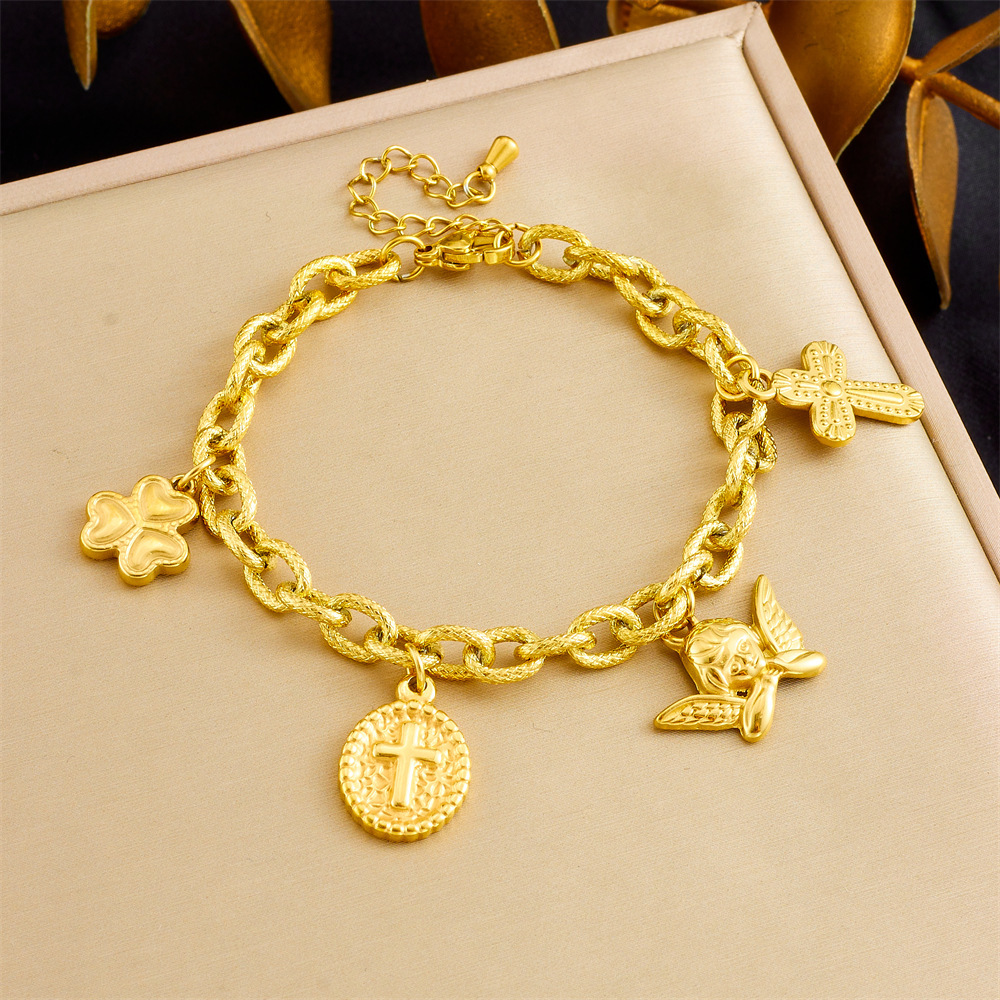 European and American cross-border retro light luxury chunky chain gold-plated stainless steel oval cross angel pendant trendy bracelet for women