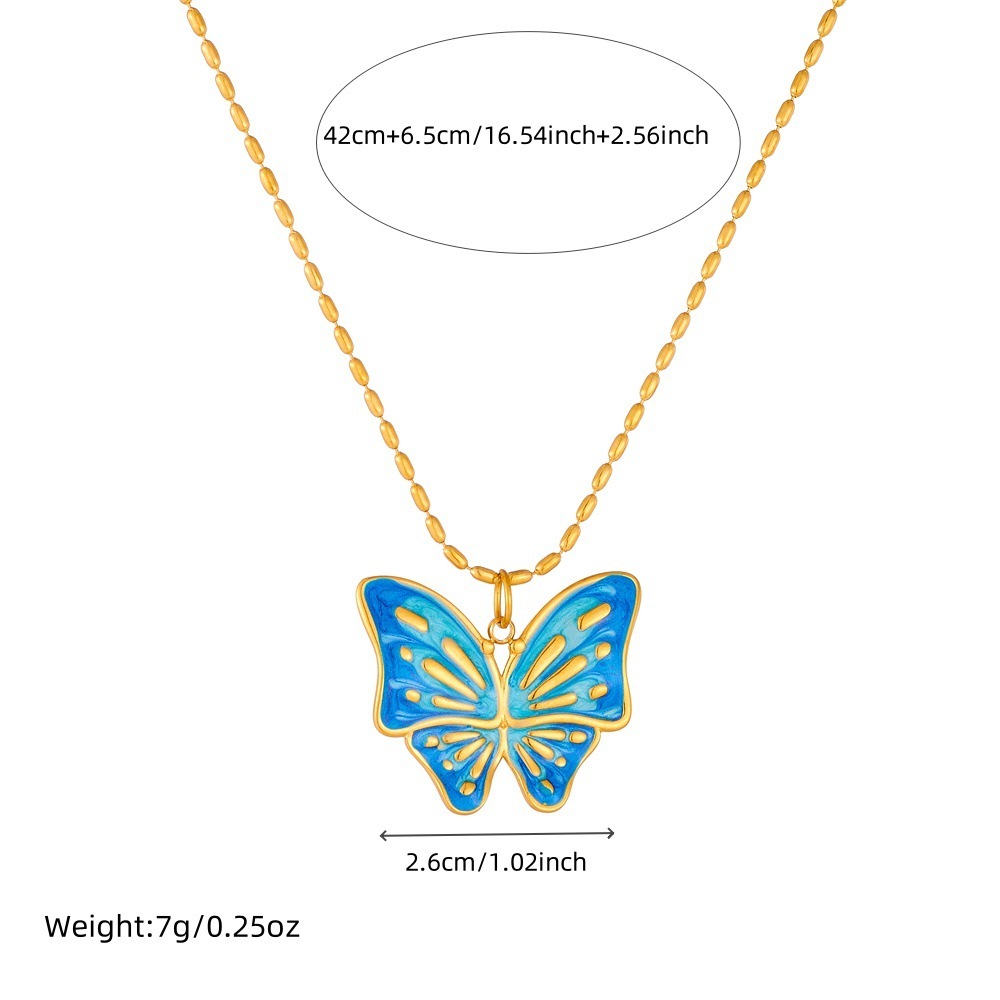 Korean style fresh and sweet blue-purple gradient butterfly and flower pendant snake chain stainless steel necklace