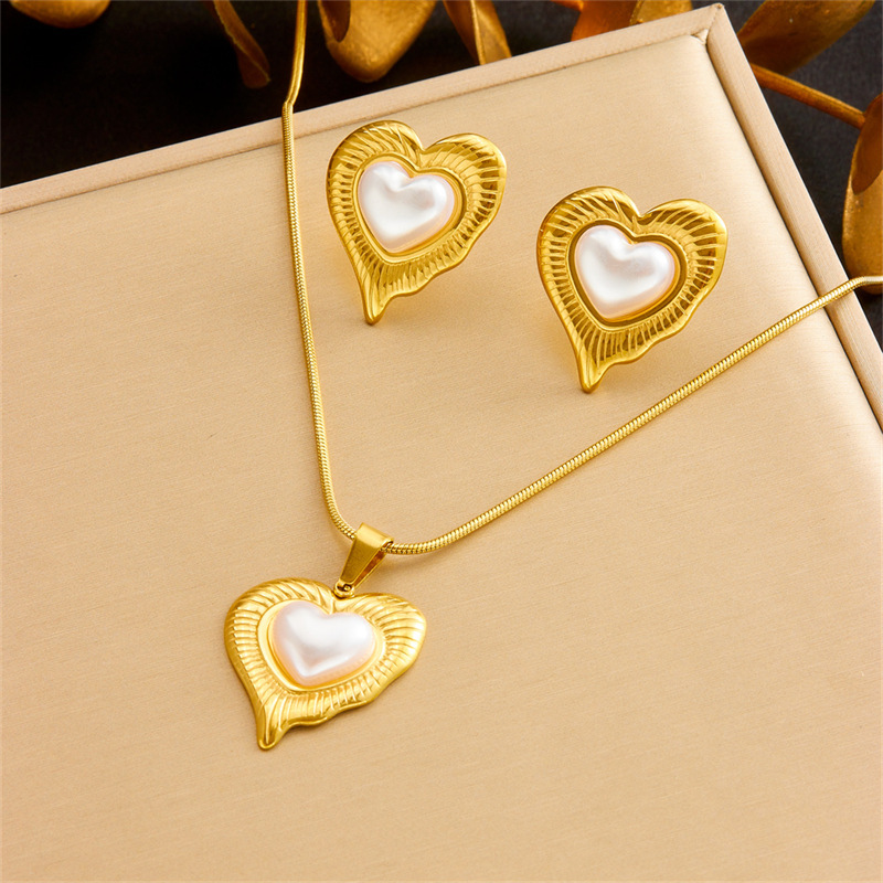European and American style light luxury heart-shaped large pearl stainless steel bracelet, fashionable retro cross-border chunky chain jewelry necklace earrings