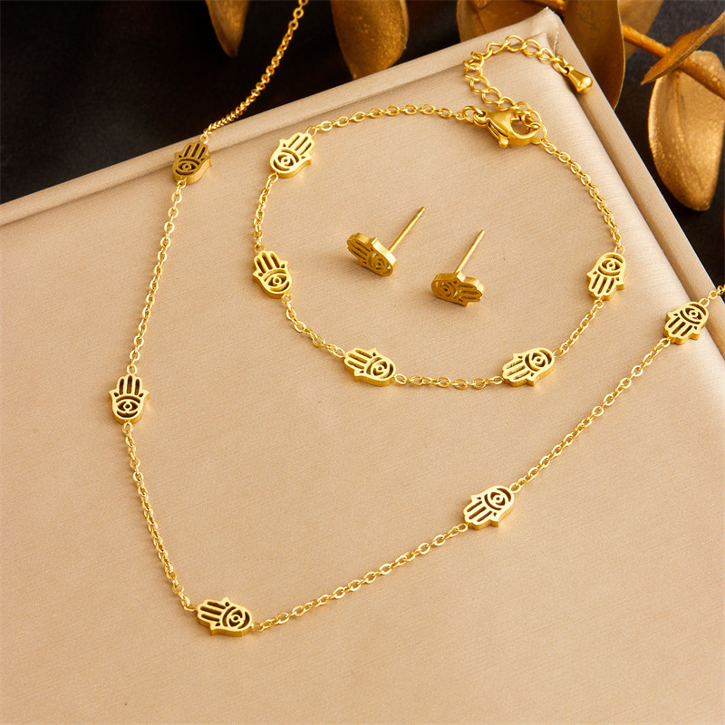 Cross-border fashion gold-plated stainless steel hollowed-out palm accessory chain necklace earrings bracelet jewelry set