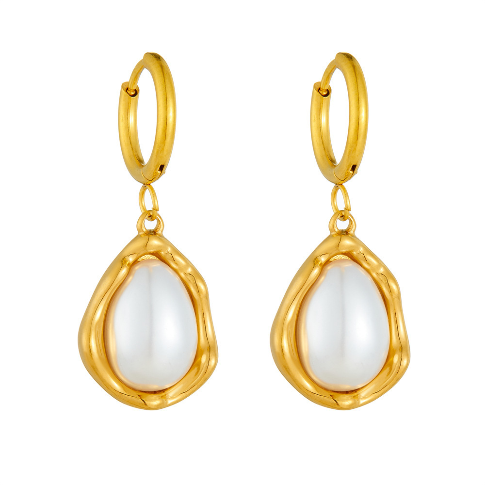 Fashionable retro French-style high-end gold-plated stainless steel large pearl teardrop pendant earrings