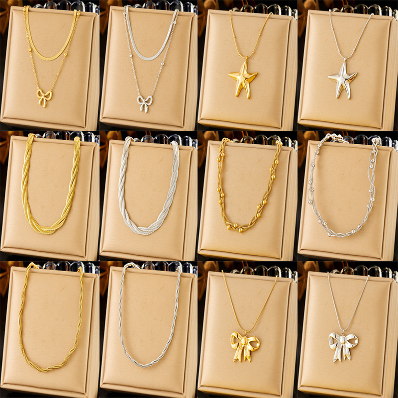 Fashionable, cross-border, elegant, retro, high-end metal stainless steel bow starfish chain double-layer jewelry necklace
