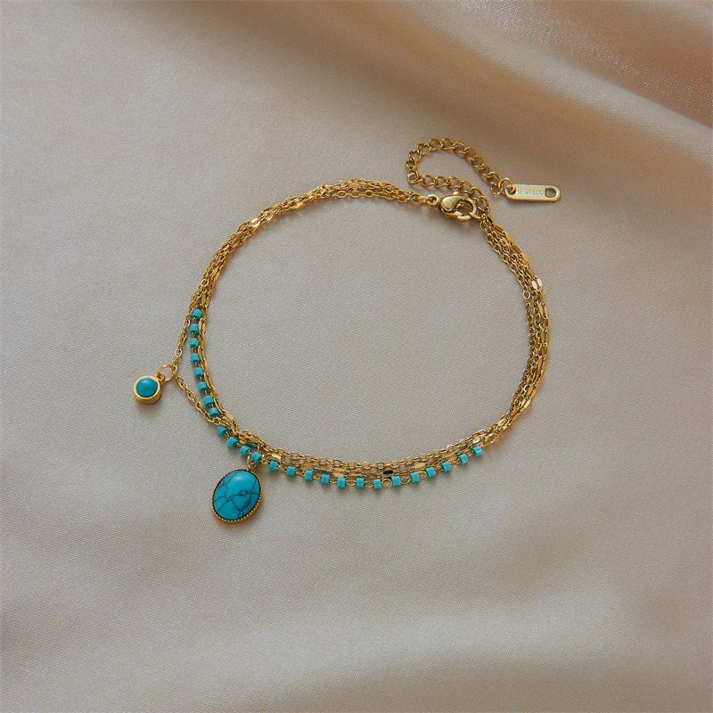 European and American cross-border retro bohemian style unique oval blue turquoise pendant titanium steel chain accessory bracelet