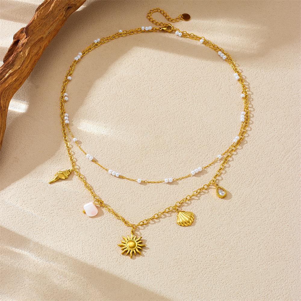 Ocean Series Stainless Steel Double-Layer Stacked Necklace with Xiaomi Pearl Star Seashell Pendant - Fashionable and Versatile Clavicle Chain