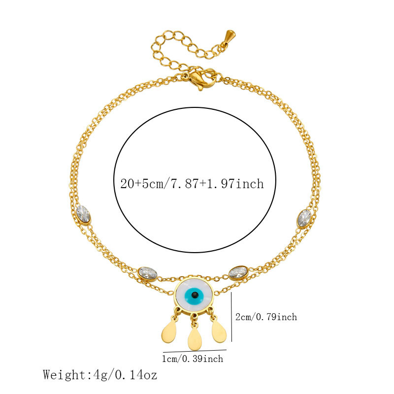 European and American style niche personalized double-layered stainless steel anklet with small flower eyes, teardrop design, rhinestone tassels.