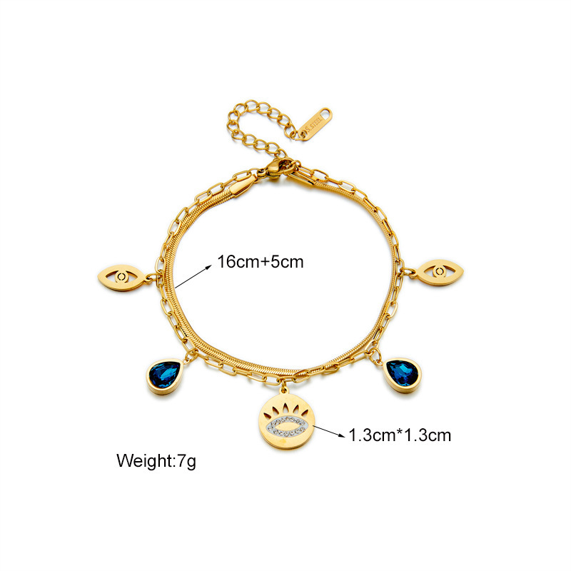 European and American cross-border fashion minimalist metal titanium steel retro blue diamond teardrop hollow eye double chain bracelet