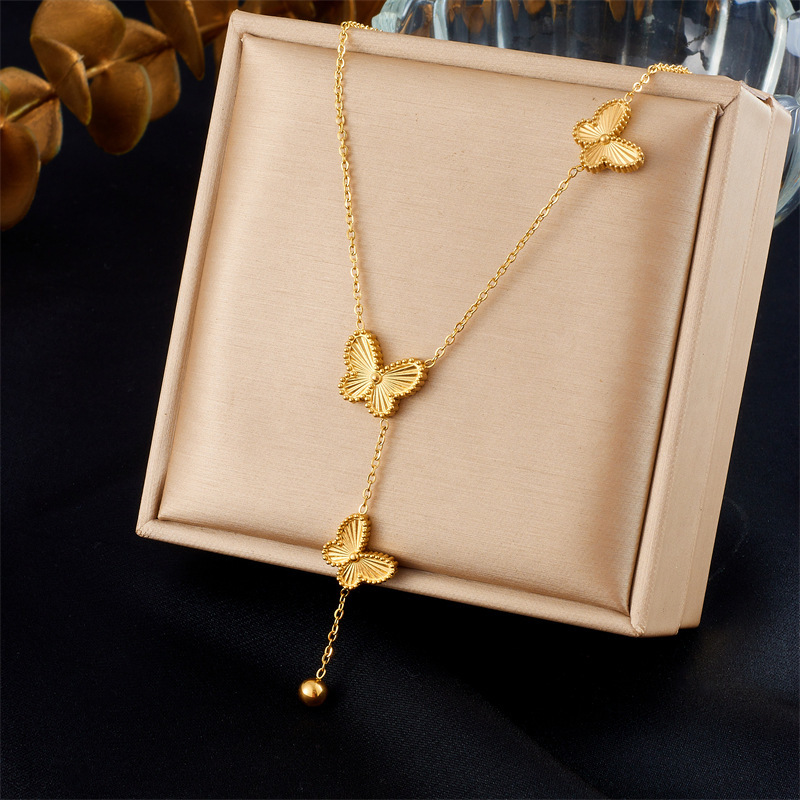 European and American cross-border double-sided butterfly accessories steel bead tassel chain stainless steel gold-plated jewelry set necklace and bracelet