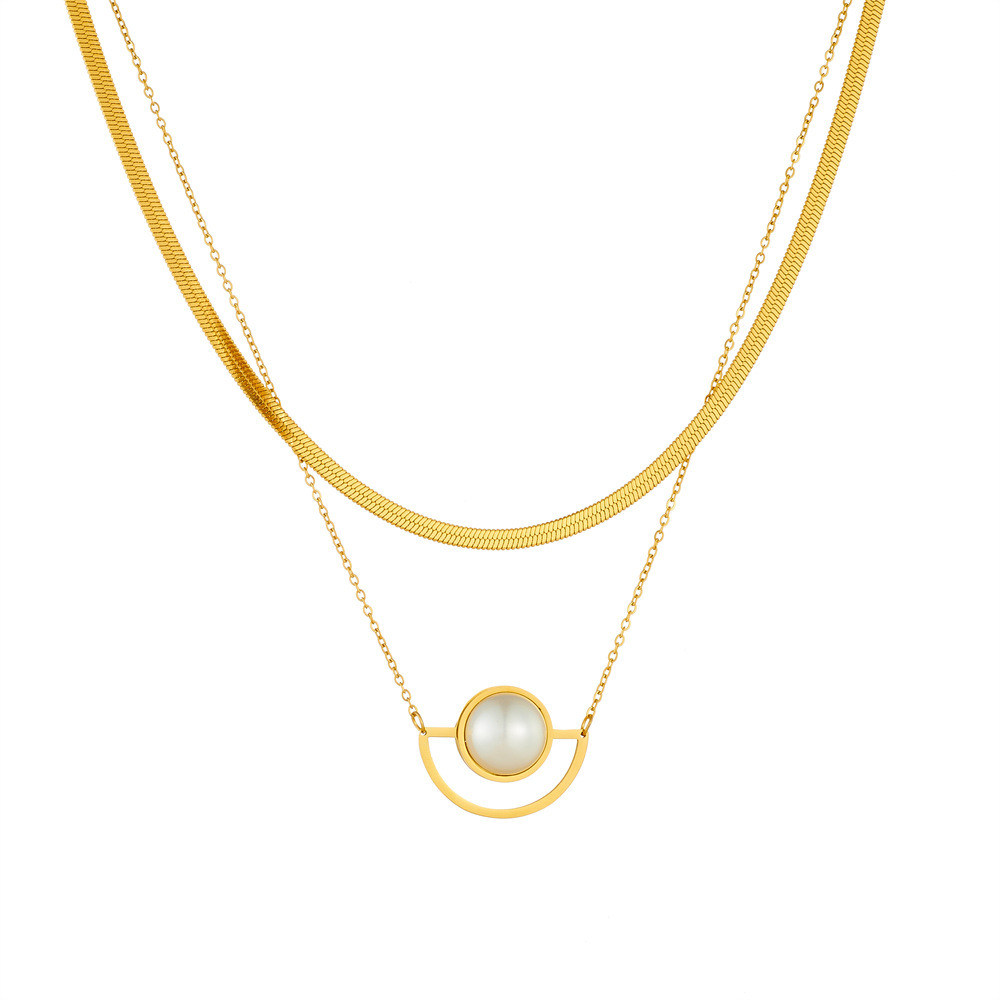 Cross-border fashion niche layered chain stainless steel pearl fan-shaped pendant gold-plated jewelry necklace
