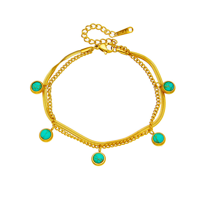 Niche retro minimalist high-end versatile double-layer metal titanium steel turquoise pendant bracelet chain