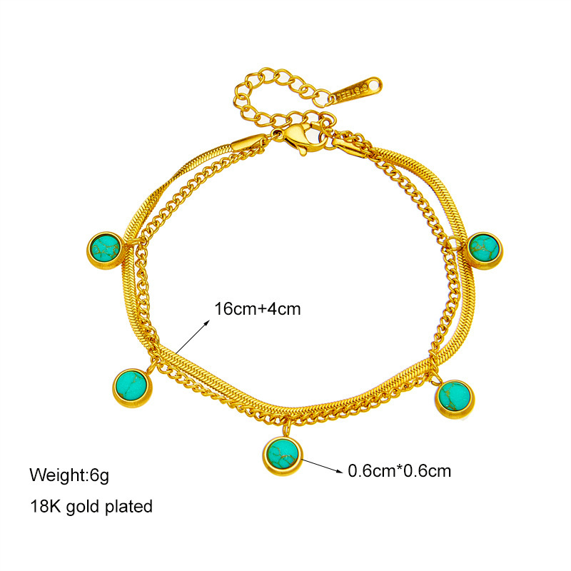 Niche retro minimalist high-end versatile double-layer metal titanium steel turquoise pendant bracelet chain