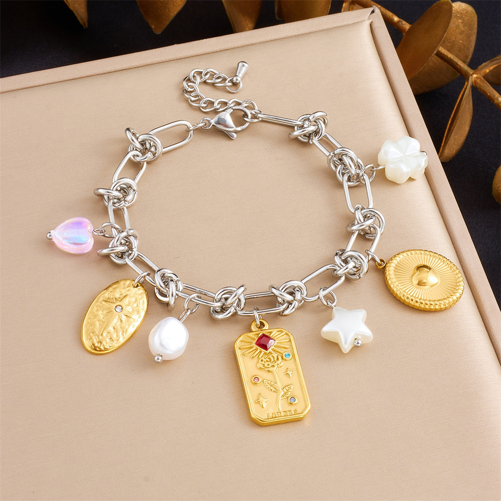 Cross-border trend, niche design, stainless steel dripping heart bow round pendant spliced bracelet
