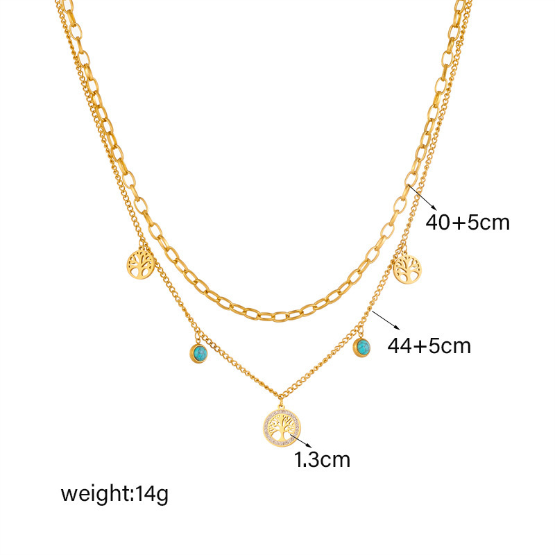 Fashionable, niche, retro, minimalist, and sophisticated round diamond-encrusted Tree of Life turquoise pendant double-layer chain necklace