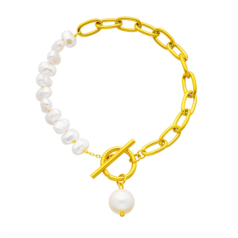 European and American cross-border punk fashion retro asymmetrical chain pearl beaded pendant OT buckle high-end jewelry bracelet