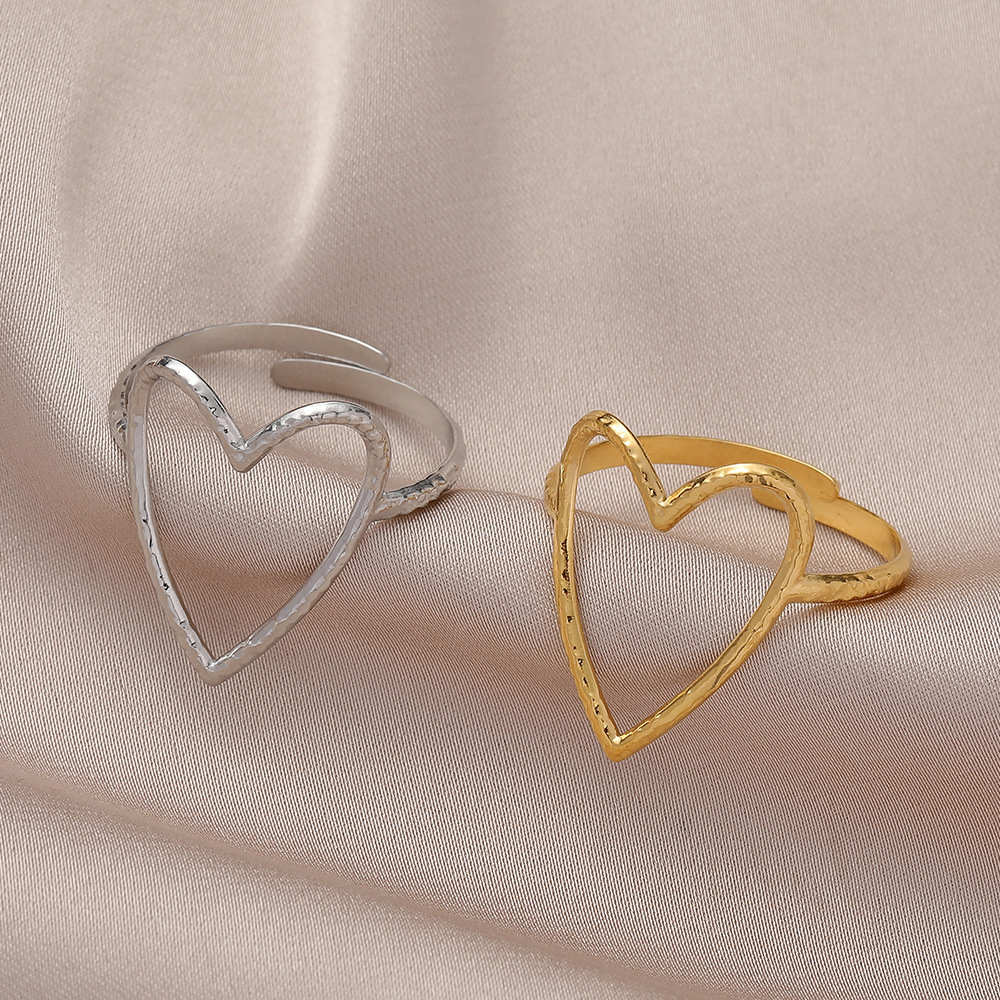 European and American style niche hollow stainless steel open design metal heart simple and versatile ring
