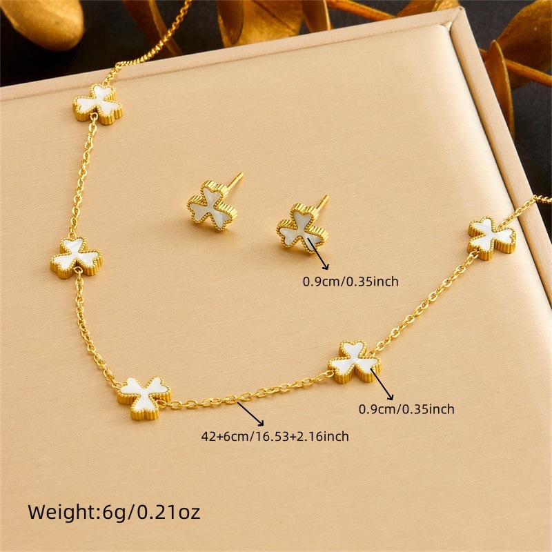 Korean style, trendy, niche, retro white shell three-petal flower accessory chain stainless steel jewelry necklace, earrings, and bracelet set.
