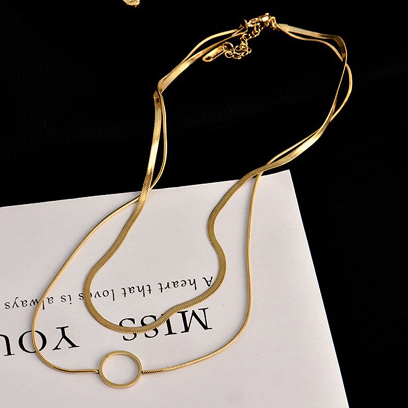 European and American cross-border fashion niche creative high-end double-layer snake chain hollow titanium steel circle pendant necklace
