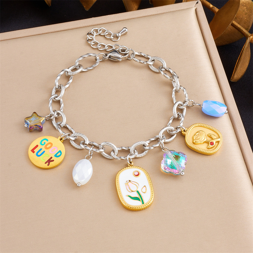 Trendy new cross-border fashion design with multiple elements: tulip, moon, and star stainless steel bracelet.