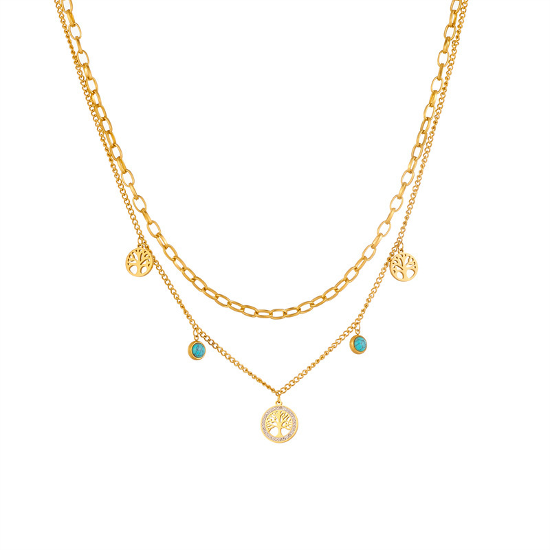 Fashionable, niche, retro, minimalist, and sophisticated round diamond-encrusted Tree of Life turquoise pendant double-layer chain necklace
