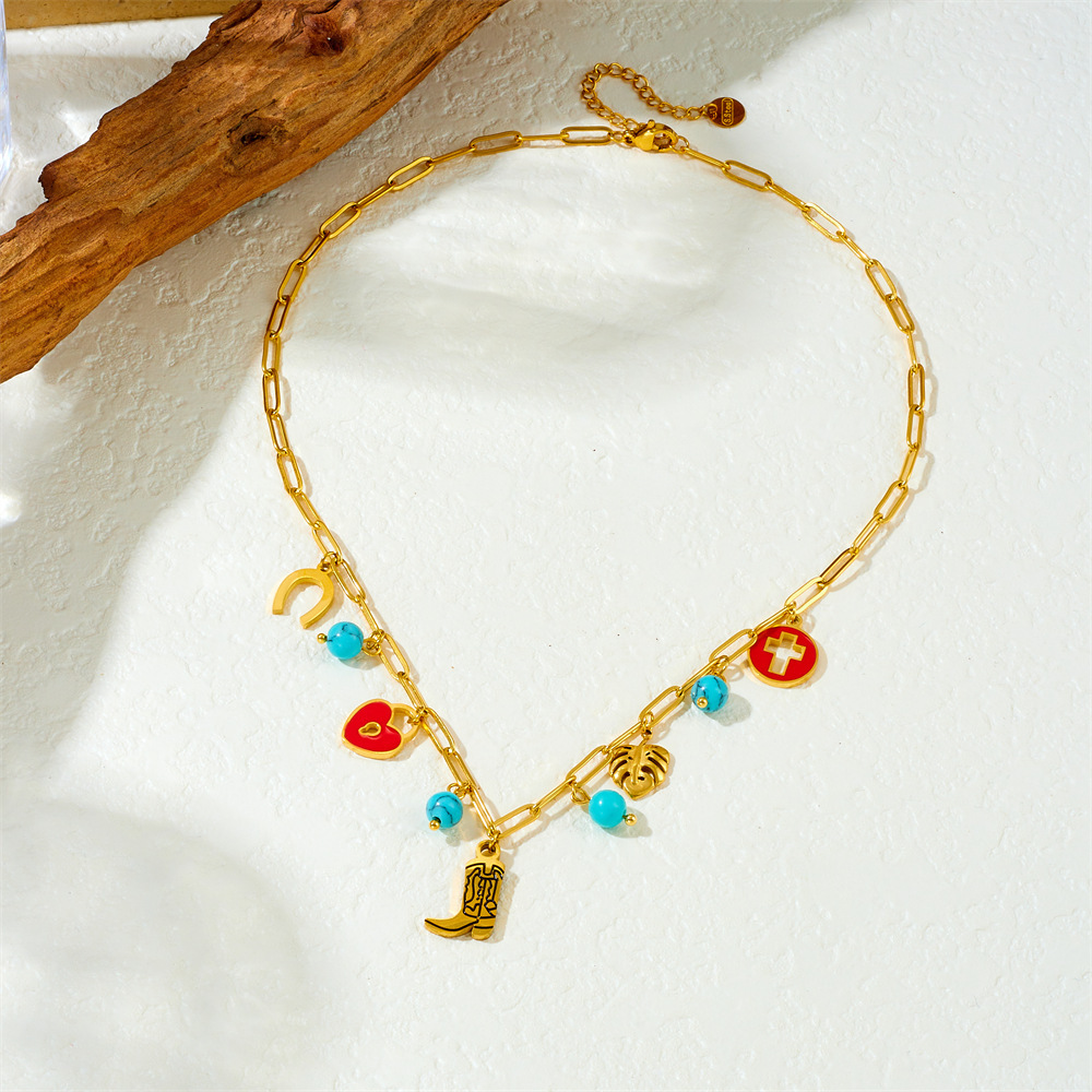 Cross-border fashion retro red dripping round hollow cross heart lock leaf boot pendant chain necklace