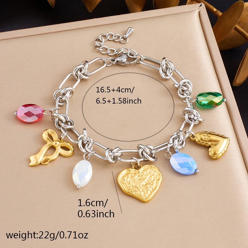 Cross-border trend, niche design, stainless steel dripping heart bow round pendant spliced bracelet