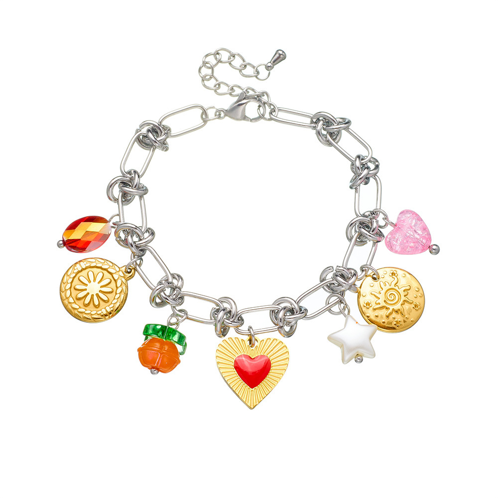 Cross-border trend, niche design, stainless steel dripping heart bow round pendant spliced bracelet