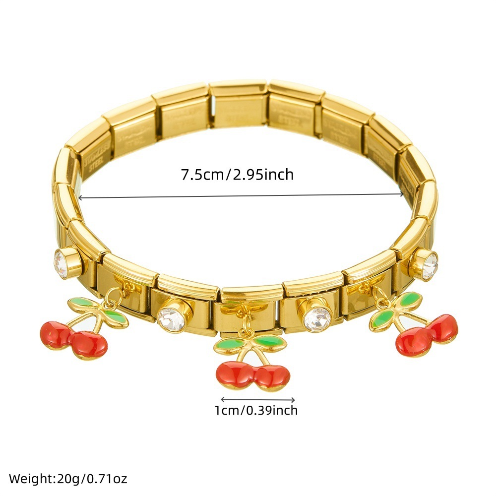 Fashionable cartoon dripping realistic cherry pendant, diamond-encrusted gold-plated stainless steel geometric square round bracelet