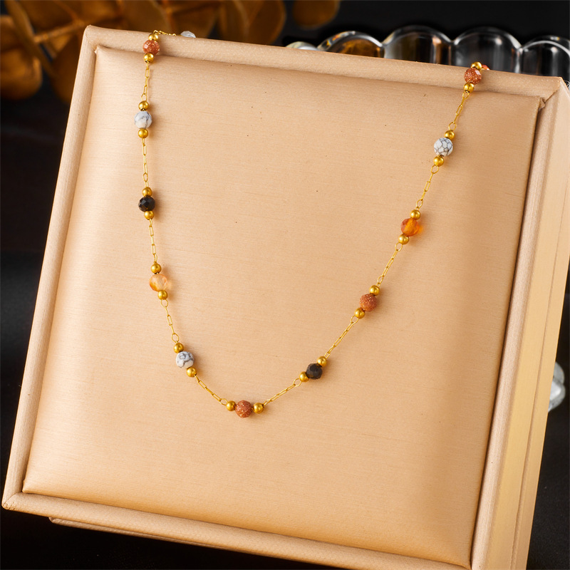 European and American style niche retro design colorful stone beaded chain stainless steel gold-plated necklace