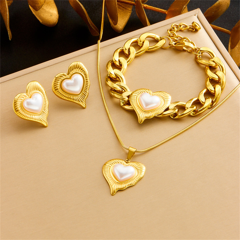 European and American style light luxury heart-shaped large pearl stainless steel bracelet, fashionable retro cross-border chunky chain jewelry necklace earrings