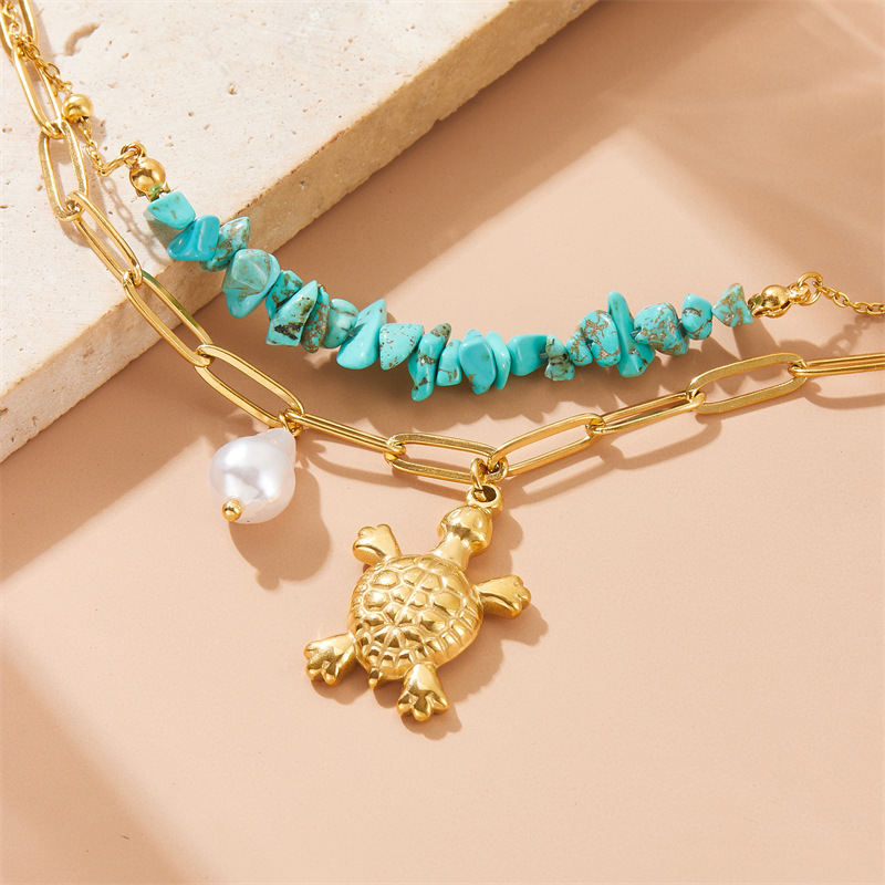 European and American cross-border 3D turtle pearl irregular turquoise double-layer chain jewelry bracelet