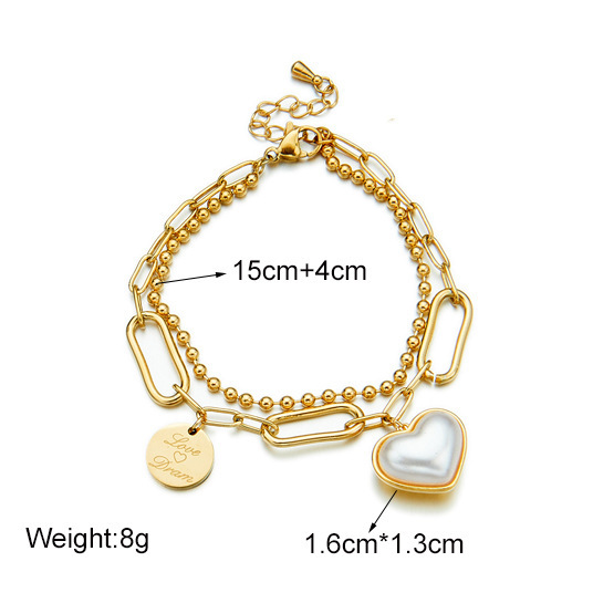Fashionable retro niche minimalist design irregular double-layer chain heart pearl engraved round pendant bracelet