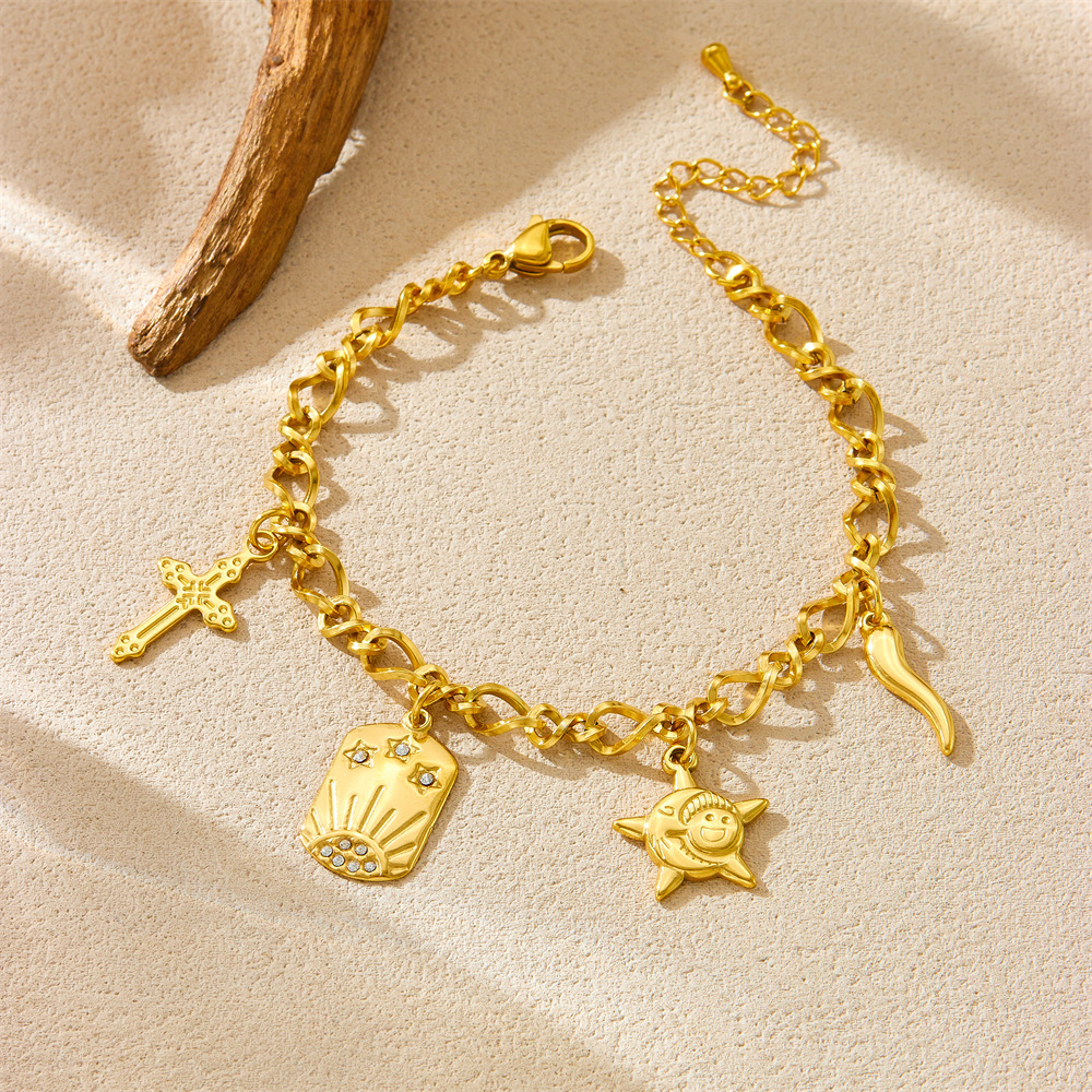 Cross-border European and American fashion starfish pendant niche design retro cross sun stainless steel bracelet for women