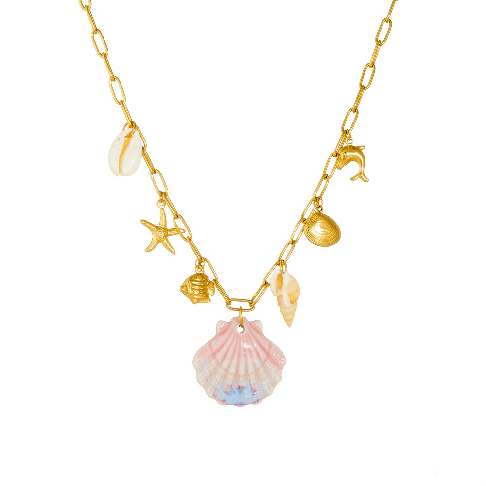 Cross-border best-selling ocean-themed vacation fan with seashell, conch, gold-plated starfish, and dolphin stainless steel pendant necklace