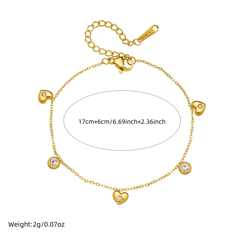 Korean style, simple and exquisite, small round diamond-encrusted heart pendant chain, stainless steel gold-plated jewelry bracelet.