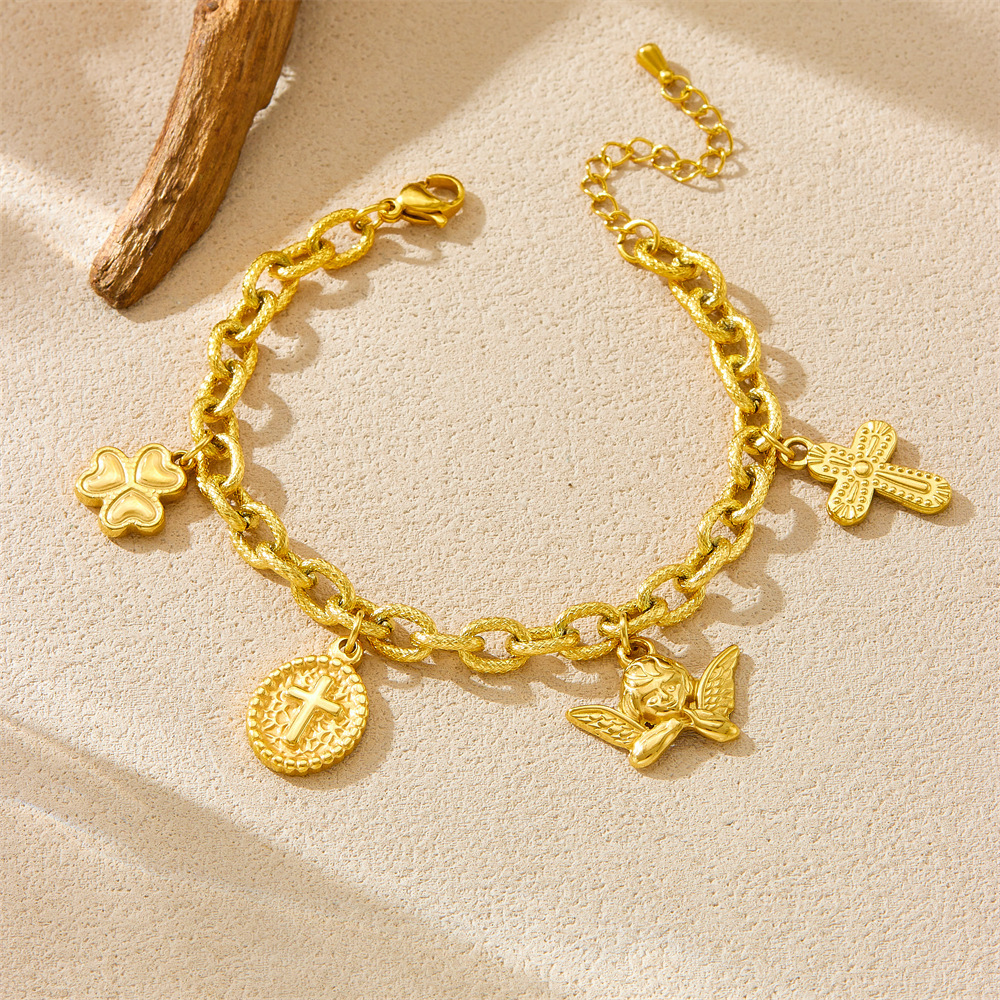 European and American cross-border retro light luxury chunky chain gold-plated stainless steel oval cross angel pendant trendy bracelet for women