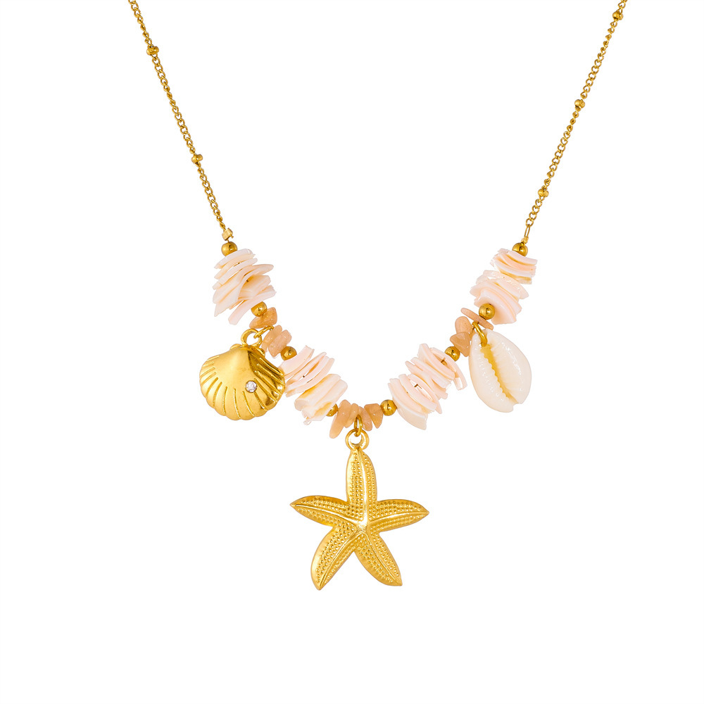 Amazon cross-border starfish and seashell necklace, beach vacation jewelry, stainless steel pendant, fashionable and versatile clavicle chain for women.