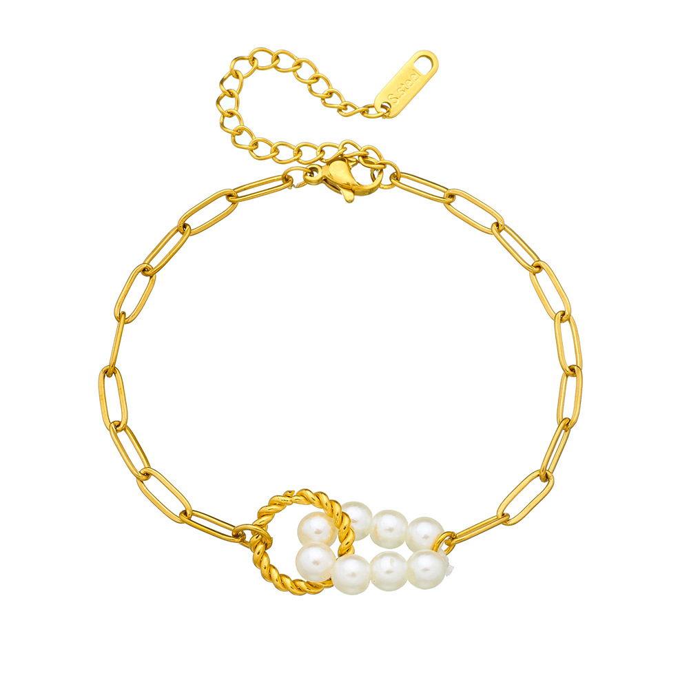 Niche fashion, retro and minimalist style, faux pearl knotted round oval gold-plated shell accessory chain bracelet