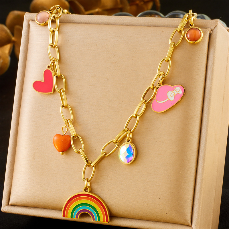 Fashionable cartoon sweet girl simple colorful drip heart rainbow hat pendant chain stainless steel sweatshirt necklace