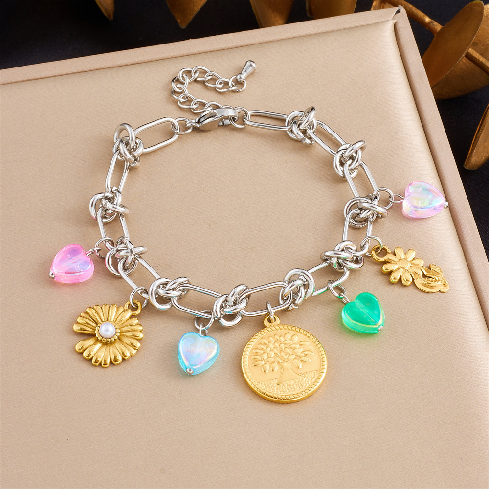 Cross-border trend, niche design, stainless steel dripping heart bow round pendant spliced bracelet