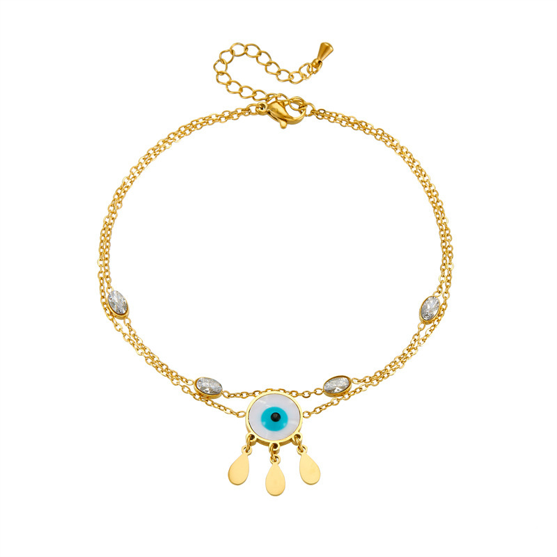 European and American style niche personalized double-layered stainless steel anklet with small flower eyes, teardrop design, rhinestone tassels.