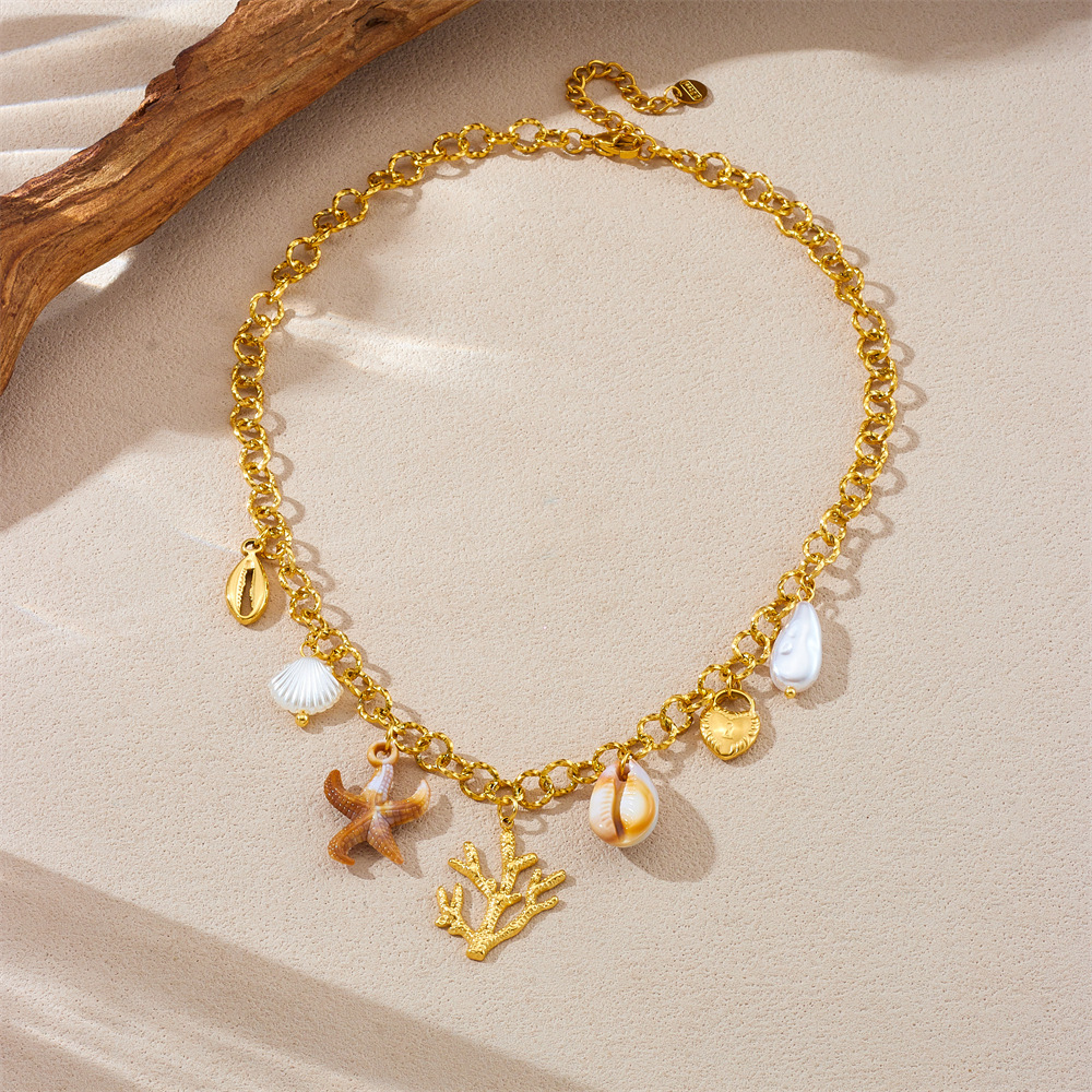 European and American retro ocean resort style starfish, seaweed and seashell accessories fashionable and high-end women's stainless steel necklace