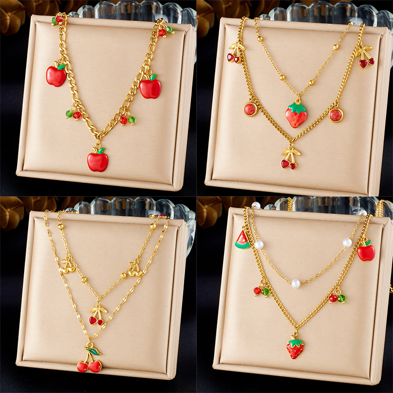 Cross-border fashion cartoon creative fruit series 3D design red drip strawberry cherry apple pendant necklace
