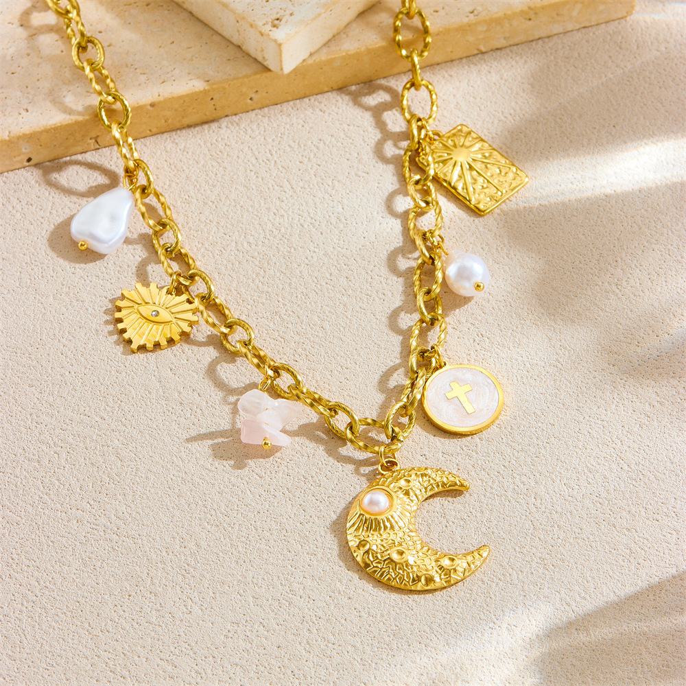 Cross-border fashion retro high-end multi-element pendant gold-plated stainless steel chain star moon heart eye necklace