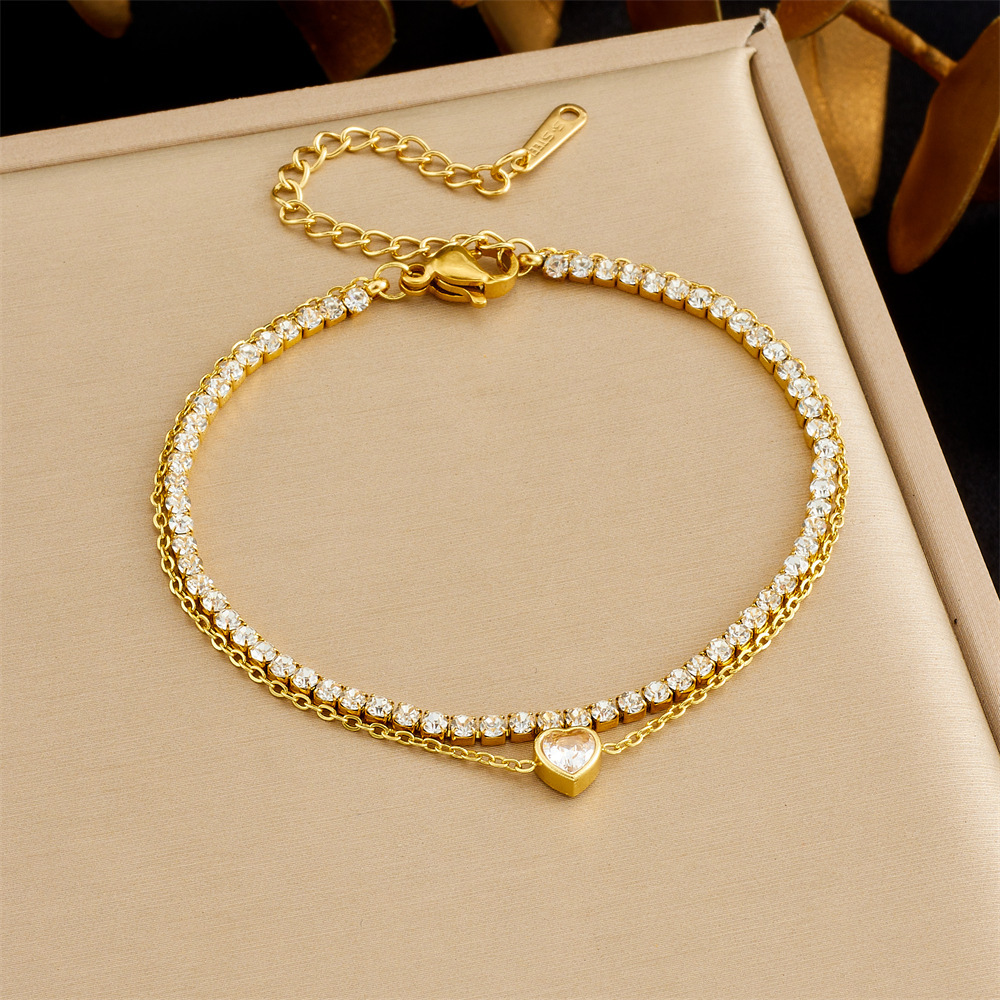 Korean-style fashionable and versatile design pearl, flower, seashell, full diamond star eye accessory, double-layer bracelet.