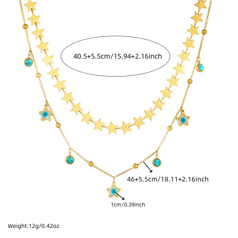 Exotic trendy double-layered five-pointed star epoxy choker necklace, rectangular green diamond and turquoise eye necklace, stainless steel.