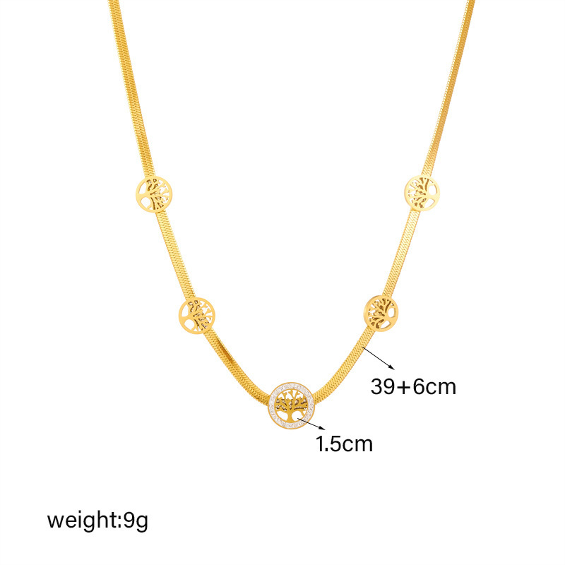 Cross-border fashion gold-plated vintage diamond-encrusted hollowed-out round Tree of Life accessory chain stainless steel jewelry necklace